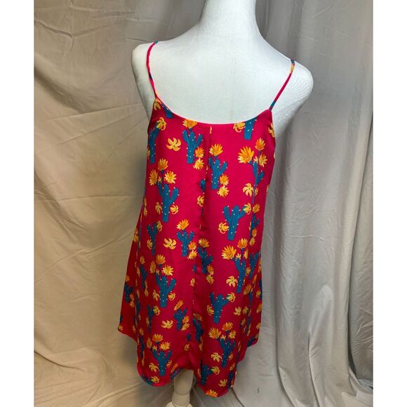 Peach Love California Pink Cactus Print Mini Swing Dress Pockets Boho Womens - Picture 5 of 7